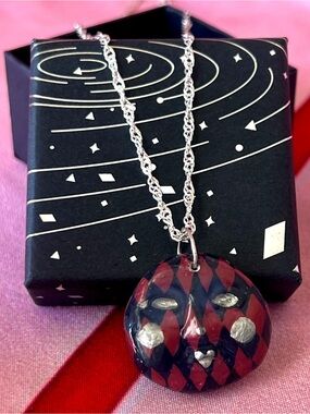 Harlequin Mask Hand Sculpted and Painted Polymer Clay Necklace 925 Silver Chain
